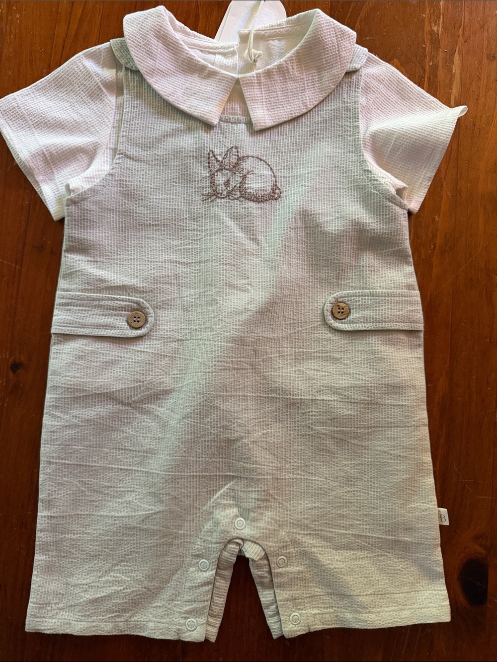 Light Green Baby Shortall Romper with Bunny Embroidery